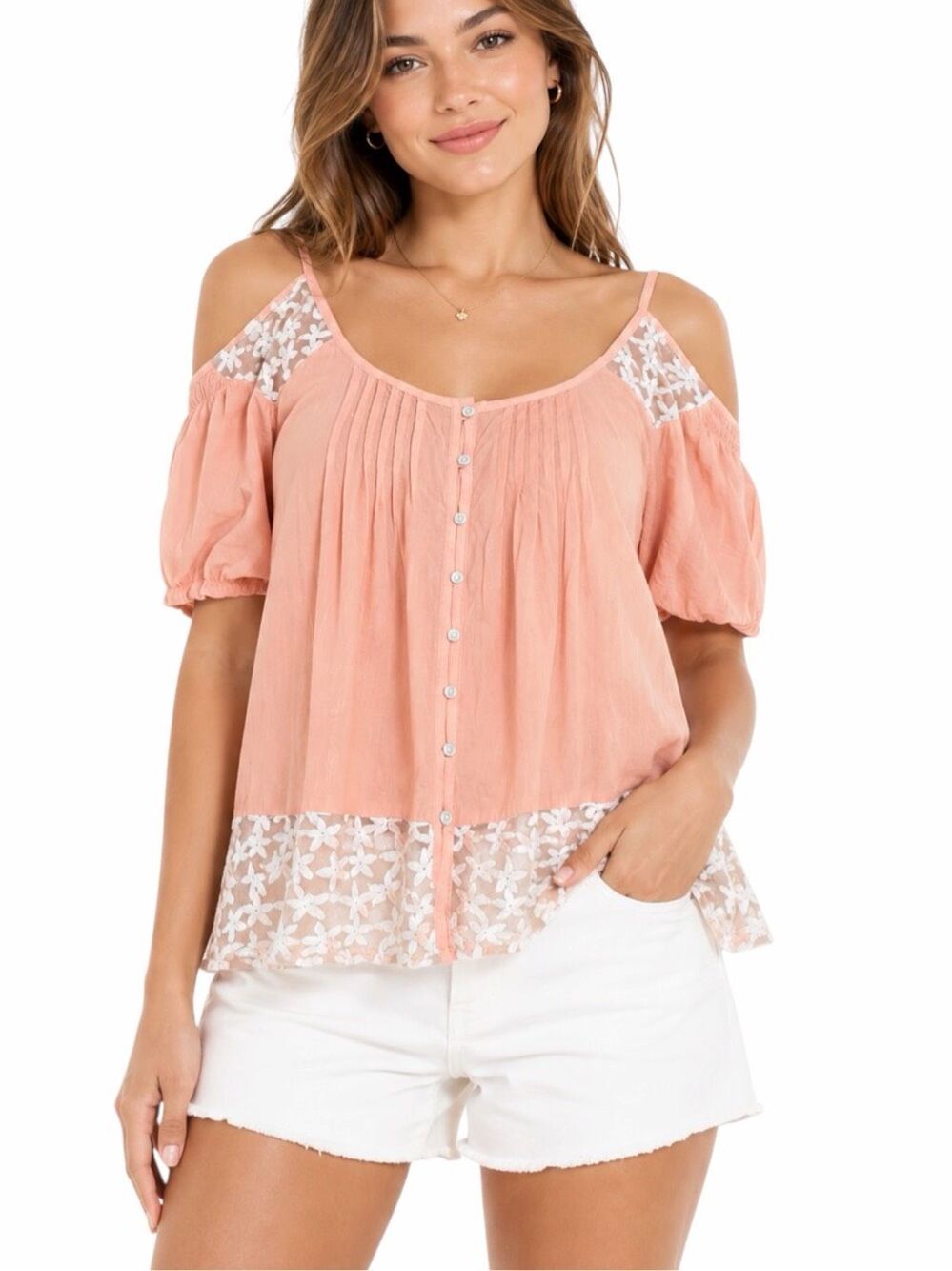 FREEBIRD Women’s Light Pink Cold Shoulder Embroidered Lace Front Medium